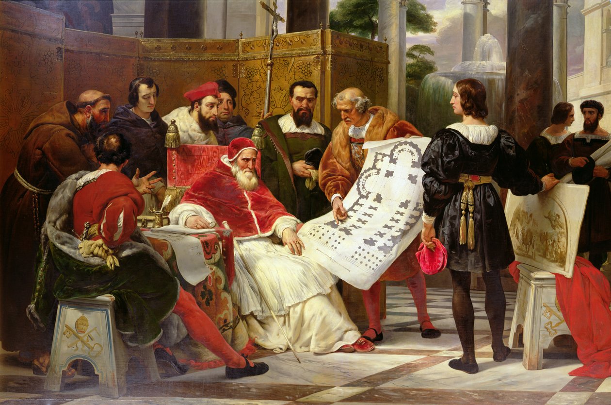 Pave Julius II beordret Bramante, Michelangelo og Raphael til å bygge Vatikanet og St. Peterskirken, 1827 (detalj fra 157491) av Emile Jean Horace Vernet