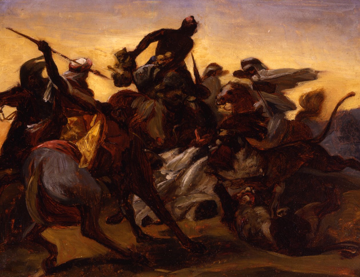 Skisse for The Lion Hunt, ca. 1836 (olje på papir lagt på lerret) av Emile Jean Horace Vernet