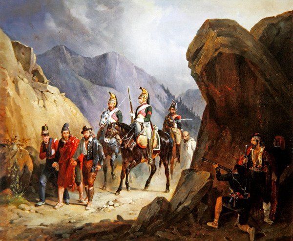 The Ambush, brigander som har til hensikt å frigjøre kameratene sine (olje på papir) av Emile Jean Horace Vernet