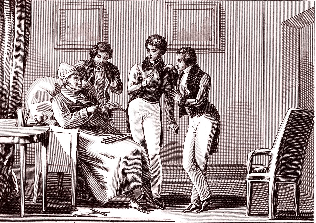 Den gamle mannen og sønnene.Fabel av La Fontaine av Emile Joseph Alexandre Gouget