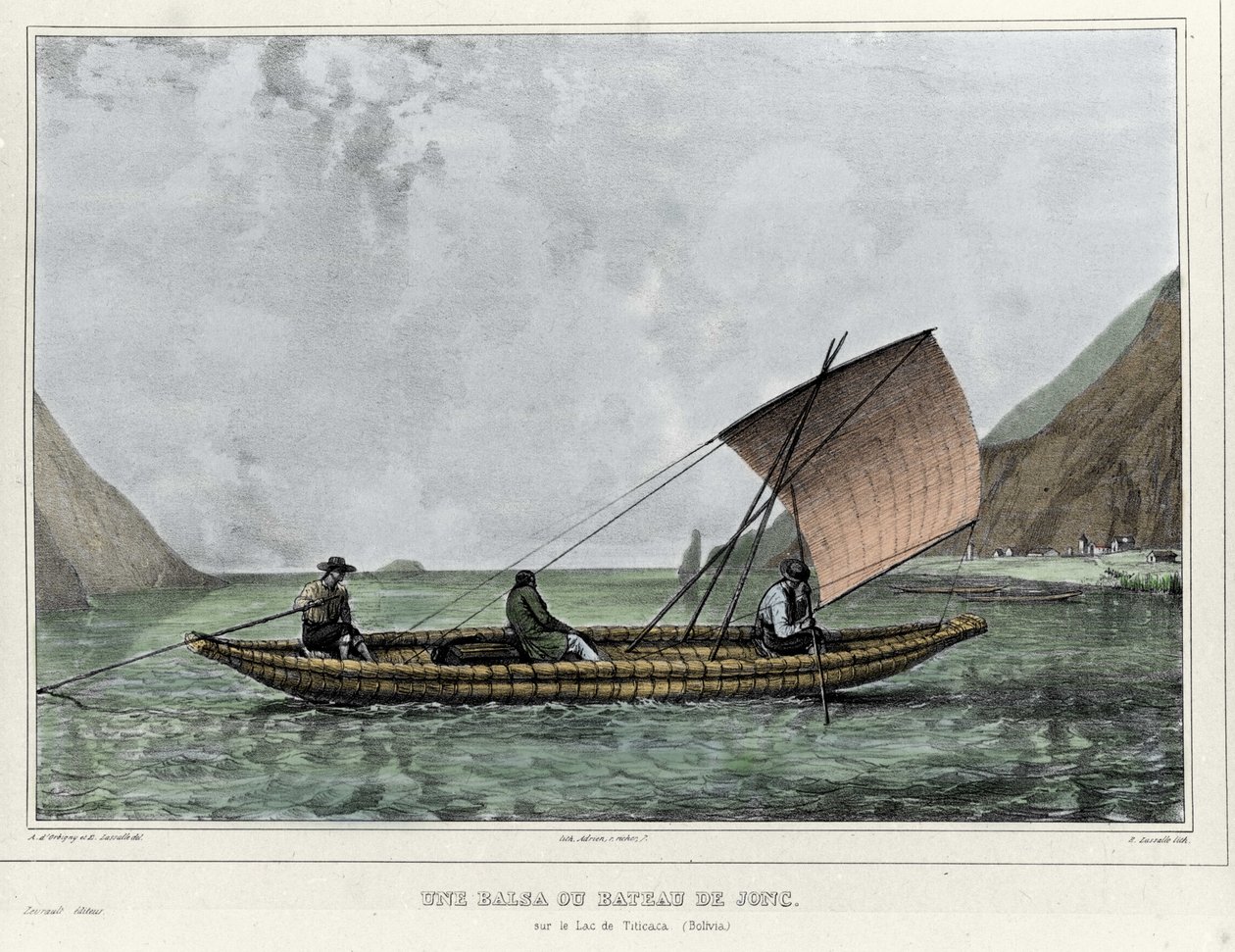 En Balsa eller en utslett båt på Titicacasjøen (Bolivia). Litografi av Emile Lassalle (1813-1871) - i "" Voyage in South America"" av Alcide D