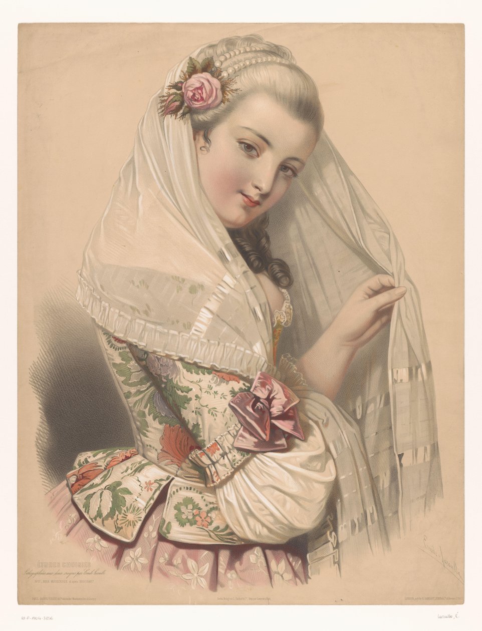 Gesluierde jonge vrouw met een roos in het haar Rose mousseuse (title on object) Studies van geselecteerde kunstenaars (series title) Études choisies (series title on object)   1332606   no       norwegian Successfully Translated  Original: Excursions Dagu av Emile Lassalle