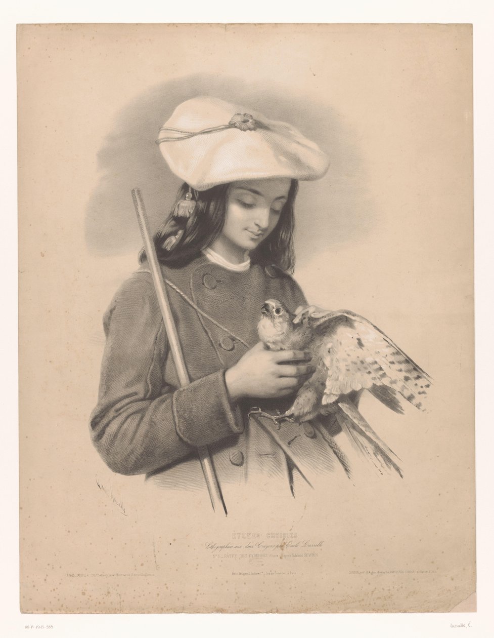 Gjeter fra Pyreneene med en falk i hendene Pâtre des Pyrenees (Ossun) (tittel på objekt) Studier av utvalgte kunstnere (serietittel) Études choisies (serietittel på objekt) av Emile Lassalle