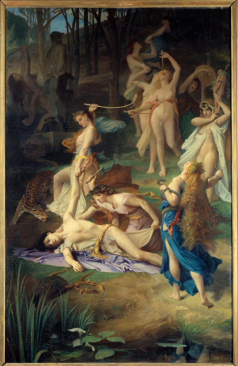 Orphees død. Bacchantene (eller Menades) lettet meg. Orphee strimlet den i biter. Maleri av Emile Levy (1826 - 1890) av Emile Levy