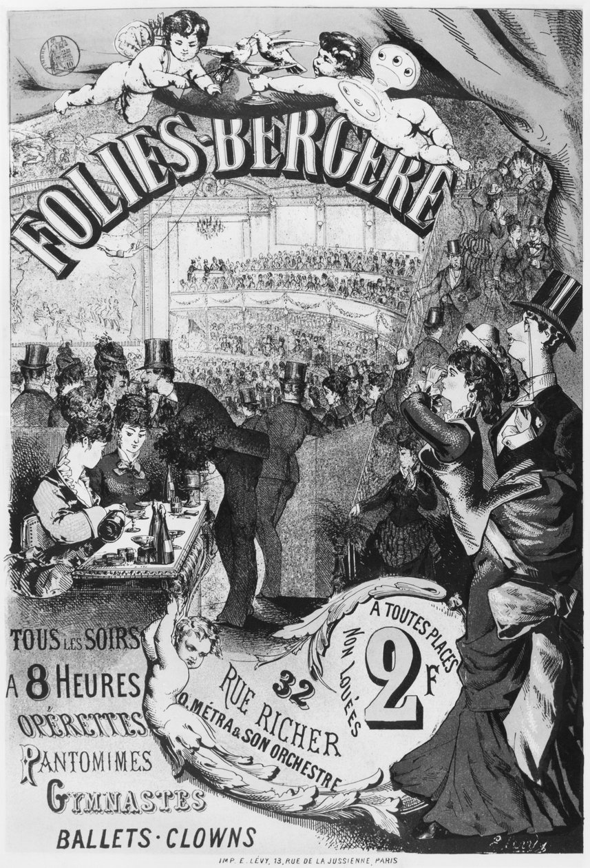 Plakat som reklamerer for Folies Bergere, rue Richer, Paris, 1875 av Emile Levy