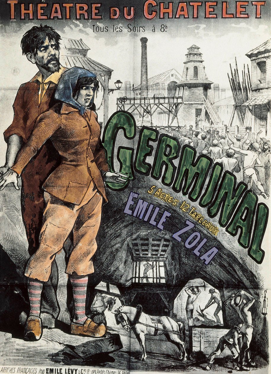 Plakat for teaterrepresentasjonen av romanen "" Germinal "" av Emile Zola ved Theatre du Chatelet i Paris. Litografi av Emile Levy (1826-1890). av Emile Levy