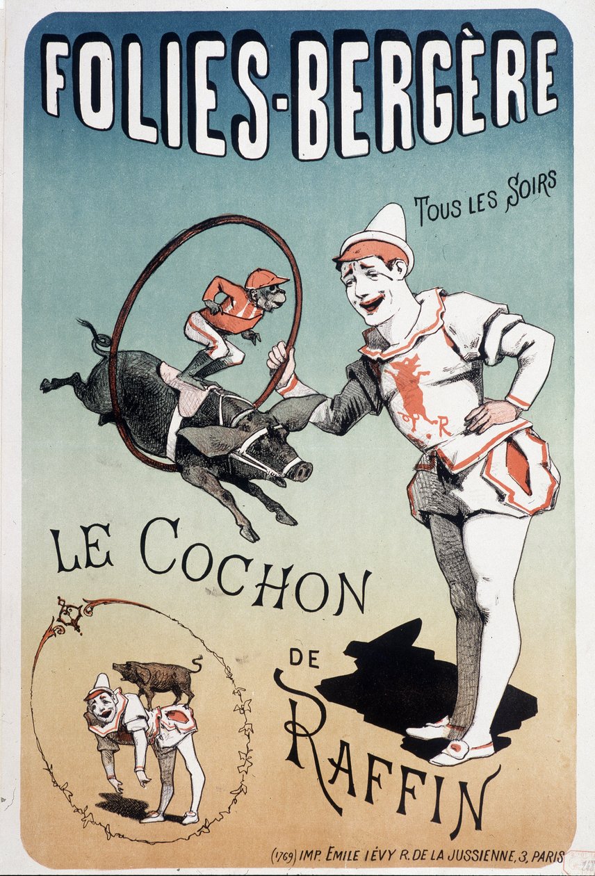 Vis: grisen til Raffin, ved Folies-Bergère - Plakat av Lévy, sent på 1800-tallet. av Emile Levy