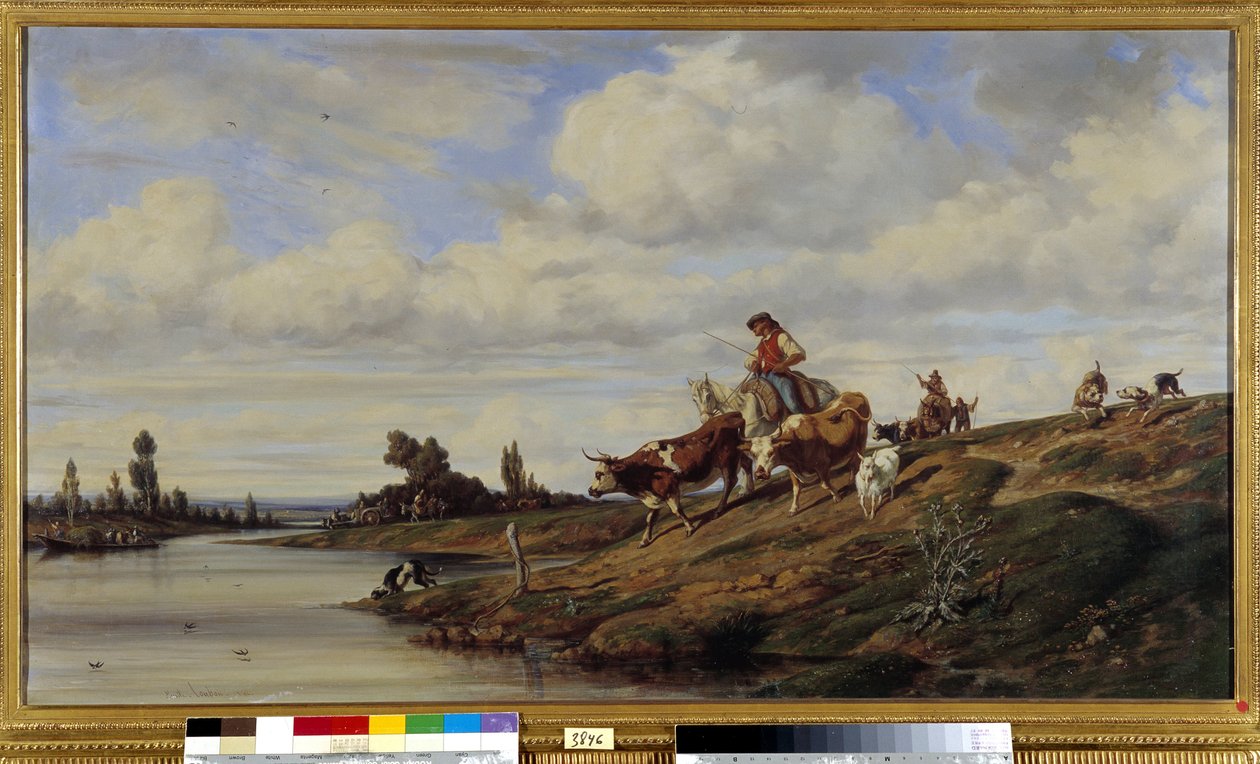 Passasjen til Gue En ku som passerer en elv med flokken sin. Maleri av Emile Loubon (1809-1863) Obligatorisk omtale: Collection fondation regards de Provence, Marseille av Emile Loubon