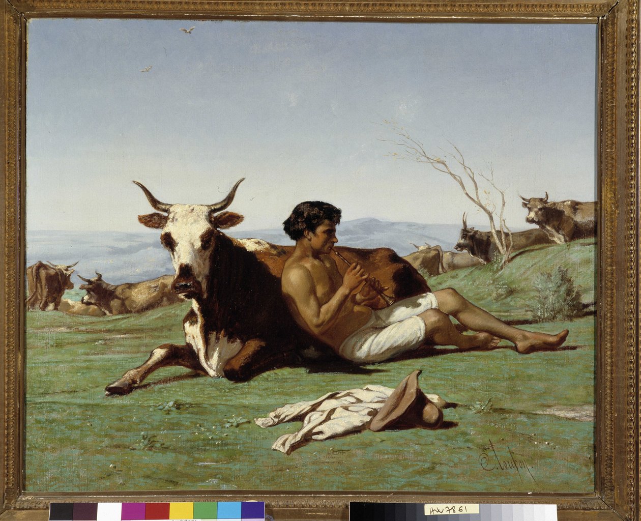 Ung patre som spiller fløyte. Maleri av Emile Loubon (1809-1863). Obligatorisk omtale: Collection fondation regards de Provence, Marseille av Emile Loubon