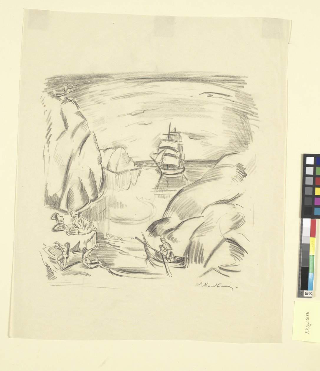 En havbukt med seilskute og badende kvinner av Emile Othon Friesz