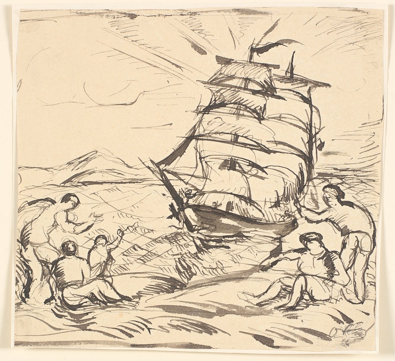 Kystlandskap med seilskute og gestiske figurer. av Emile Othon Friesz