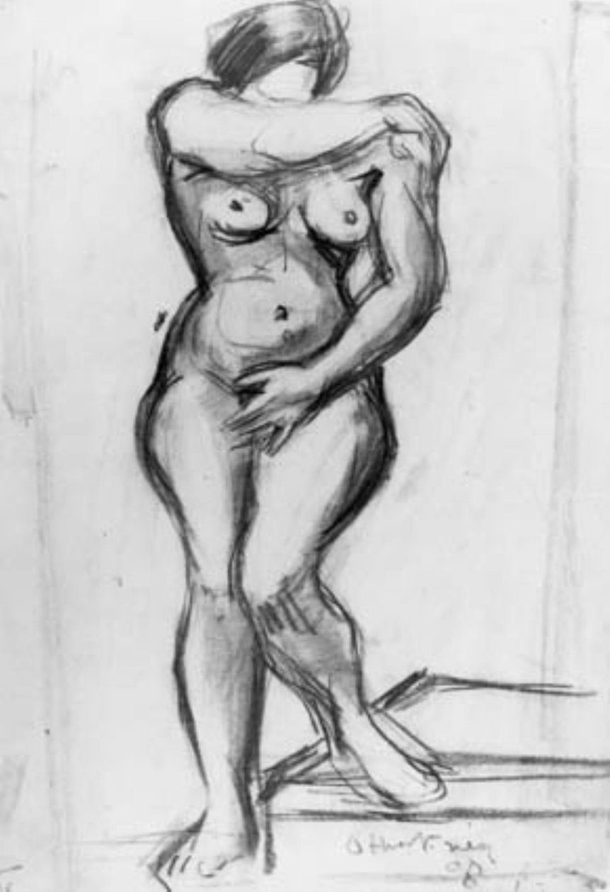 Stående kvinnelig modell en face, croquis. av Emile Othon Friesz