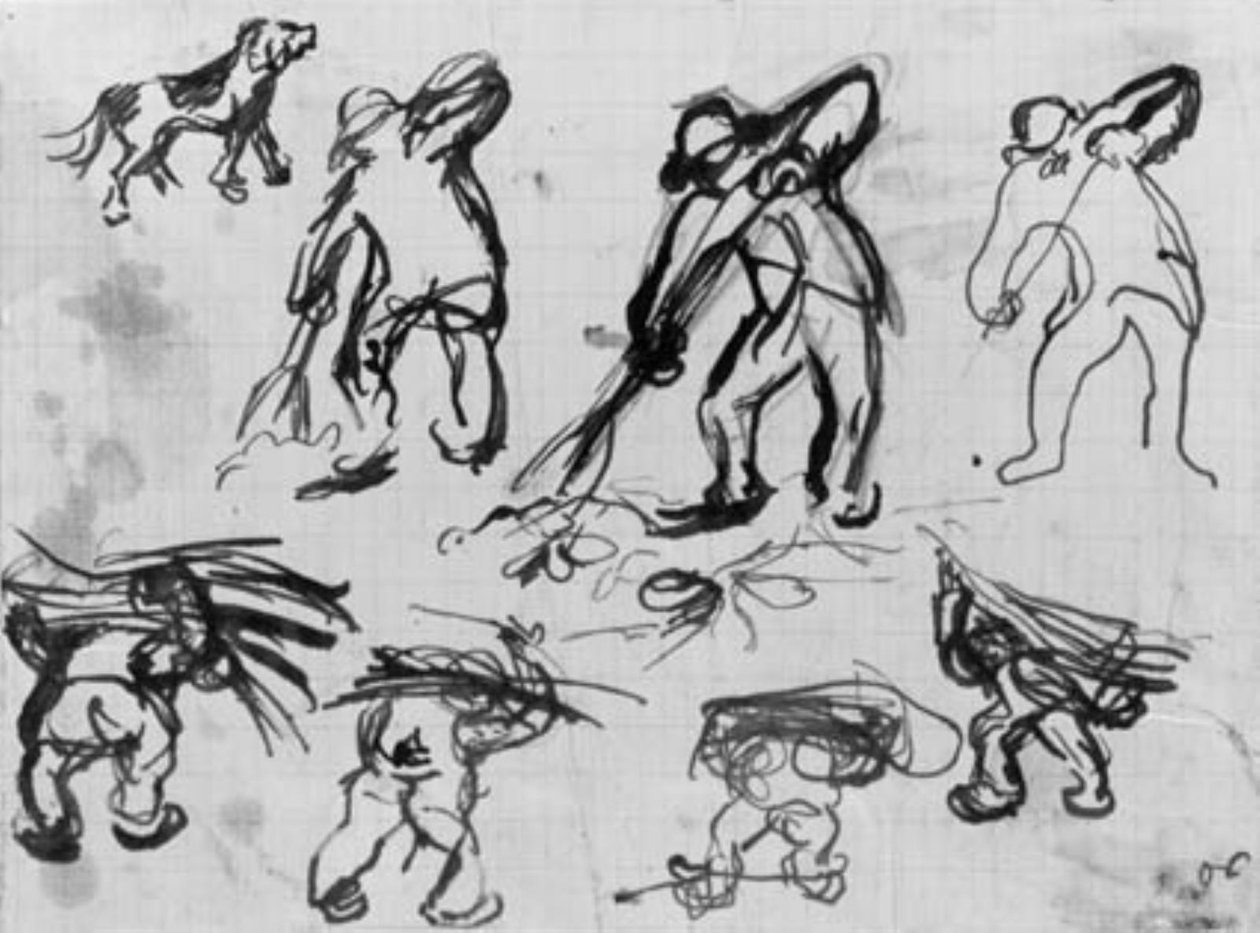 Sju skisser av menn som graver og bærer ved og en skisse av en hund. av Emile Othon Friesz
