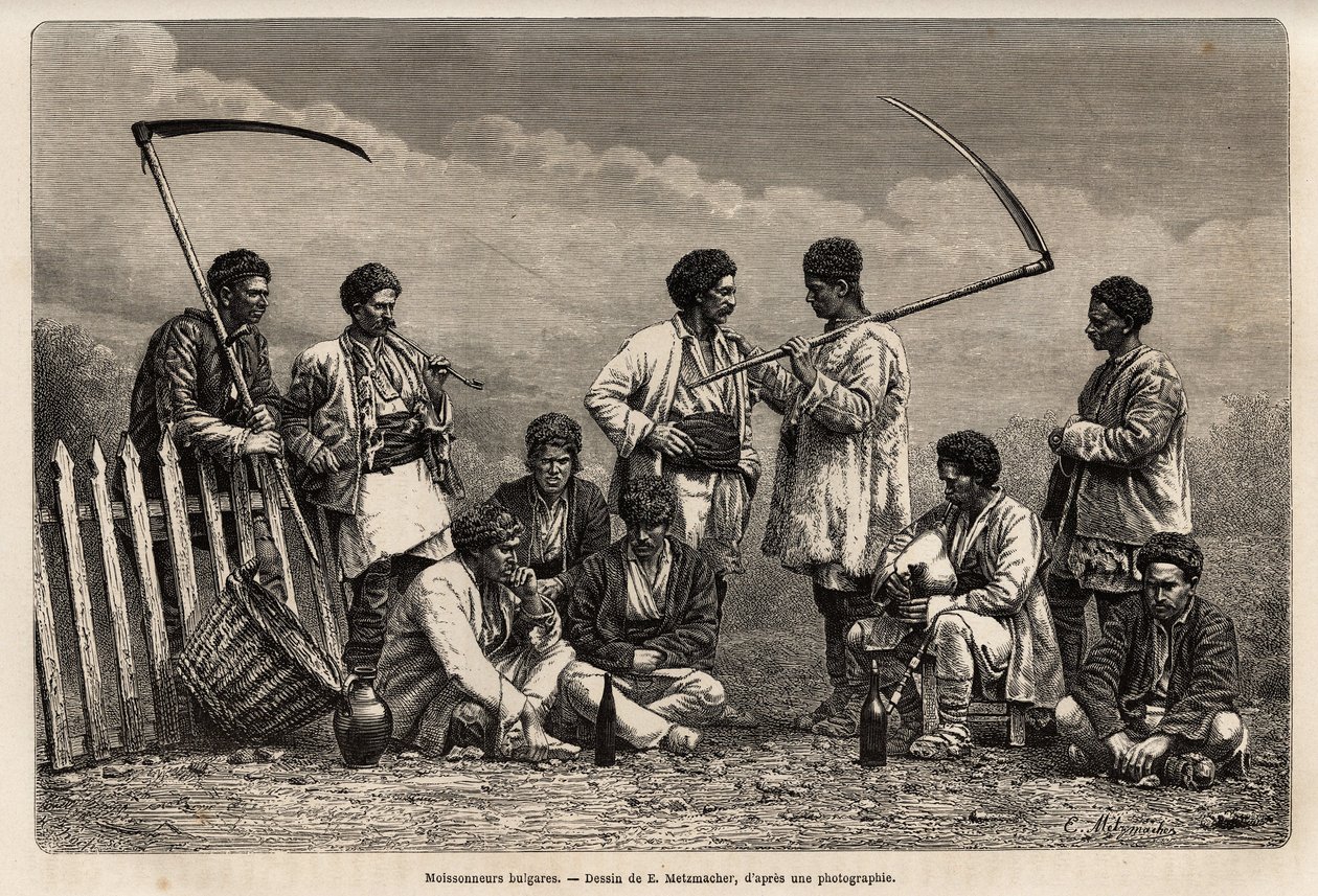 De bulgarske hogstmaskinene, i pausen, med sine falske og gjenstander av deres daglige arbeidskrevende: pipe, flaske vin og en slags biniou, gravering etter tegningen av E.Metzmacher, illustrerer reisen til Bulgaria, av Guillaume Lejean, i 18 av Emile Pierre Metzmacher