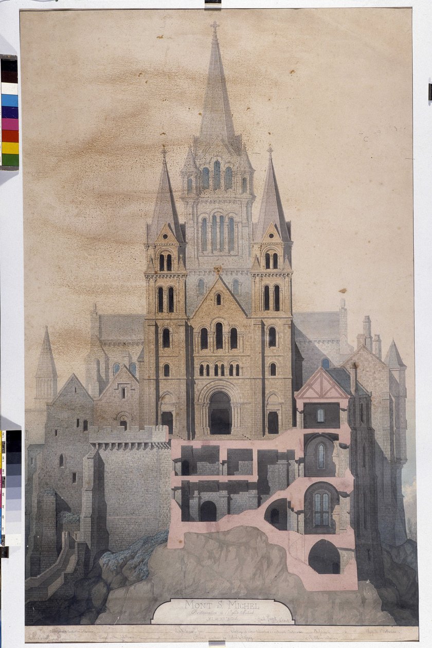 Gotisk arkitektur: fasade av kirken og kuttet av klosterhus. Tegning av det kommunale museet i Avranches (Manche) av Emile Sagot