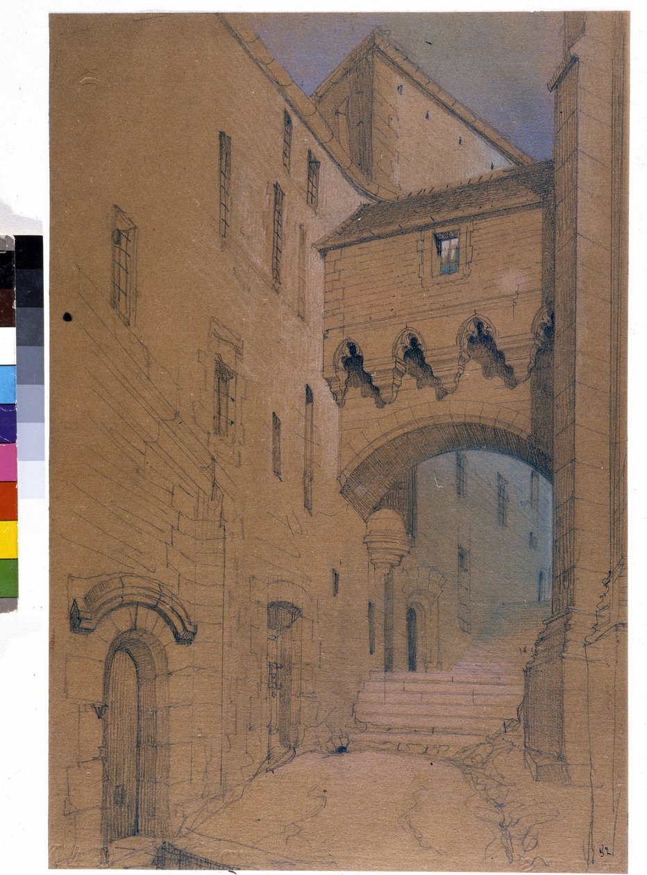 Begynnelsen på den store graden og broen forsterker. Mont Saint Michel. Tegning av Emile Sagot. Avranches kommunale museum (Manche) av Emile Sagot