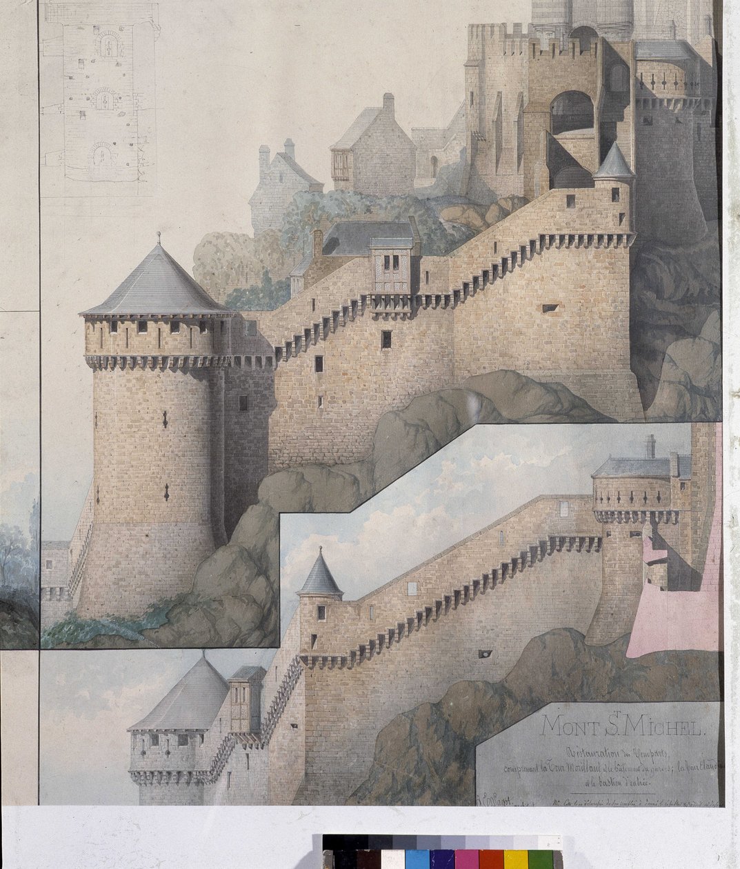 Utsikt over machicoulis mellom Nordtårnet og Claudine Tower of Mont Saint Michel. Tegning av Emile Sagot. Avranches kommunale museum (Manche) av Emile Sagot