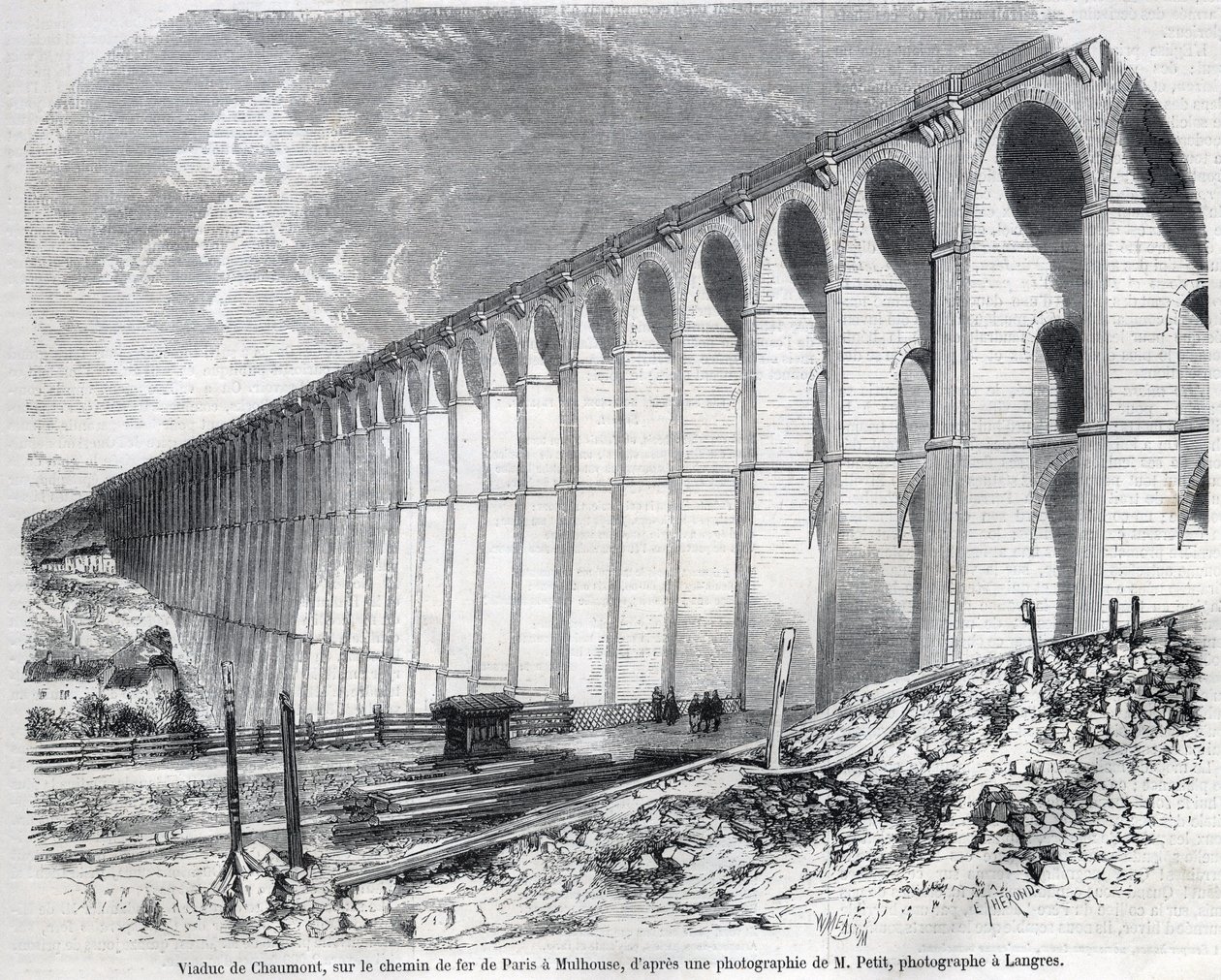 Chaumont Viaduct på jernbanen fra Paris til Mulhouse. Gravering etter skisse av Ralph i "" The Illustrous World"", 09/05/1857. Privat samling. av Emile Theodore Therond