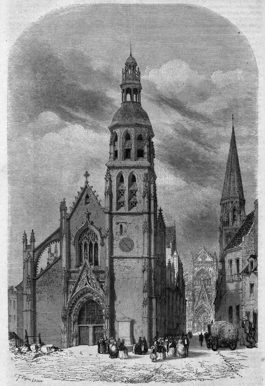 Utvendig utsikt over kirken Saint Martin (1400-1500-tallet) i Vendome, Loir og Cher (41), før den ble revet i 1857. Gravering av Therond I "" Le Magasin Picturesque"" av Emile Theodore Therond