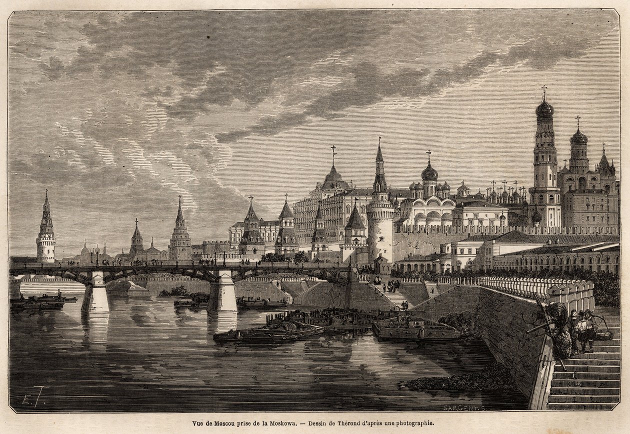 Generelt bilde av Moskva, hentet fra Moskowa, tegning av Therond, for å illustrere reisen fra Shanghai til Moskva, fra 1859 til 1862, til M. de Bourboulon, Frankrikes minister til Kina. Gravering i "" Le tour du monde"", redigert av Edouard Charton av Emile Theodore Therond