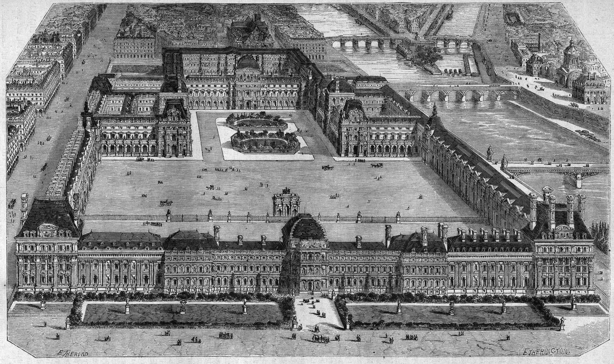 Generell utsikt over Louvre i Paris, tatt fra Tuileries Garden av Emile Theodore Therond