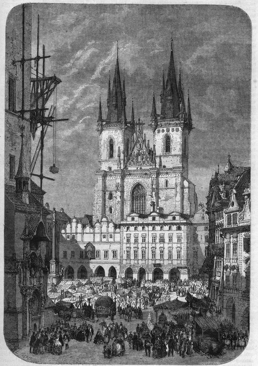 Gothic architecture: exterior view of the Church of Our Lady of Tyn (Teynkirche) in Prague. Its construction lasted from the half of the 14th century to the 16th century. Engraving by Therond In “” Le Magasin Picturesque”” av Emile Theodore Therond