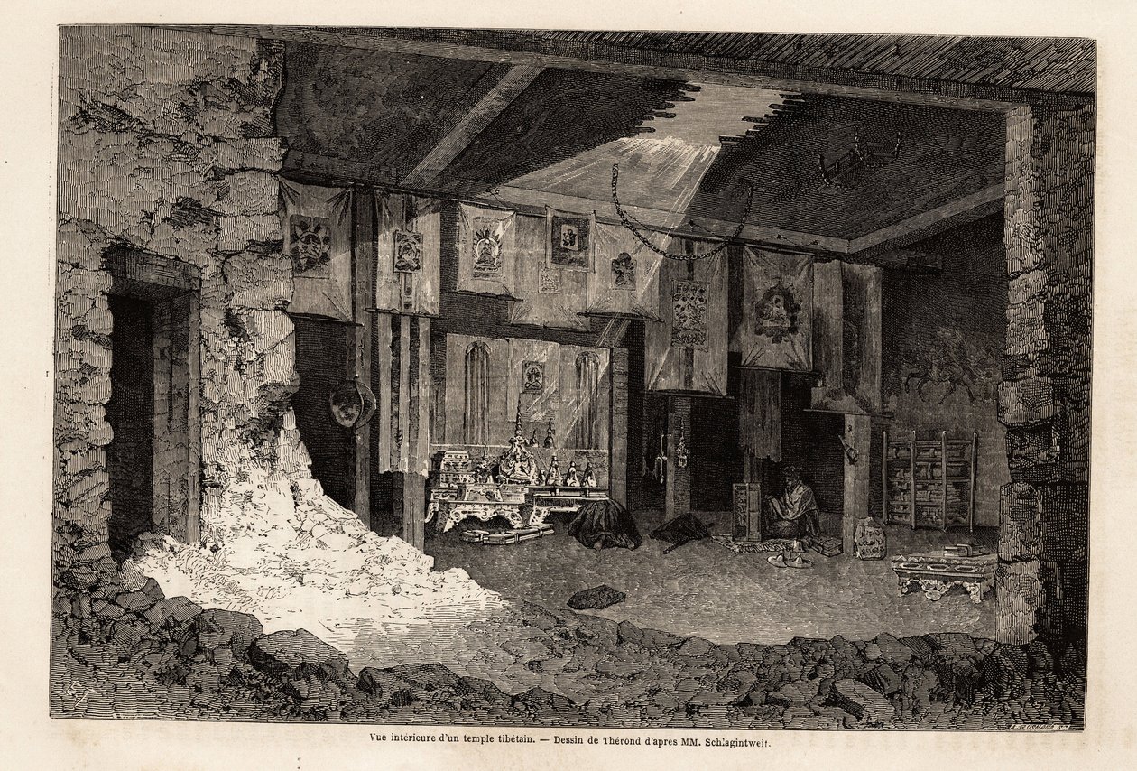 Innvendig visning av et tibetansk tempel, tegning av Therond, for å illustrere oppsummeringen av det geografiske året 1862, av Vivien de Saint Martin. Gravering i "" Le tour du monde"", redigert av Edouard Charton av Emile Theodore Therond