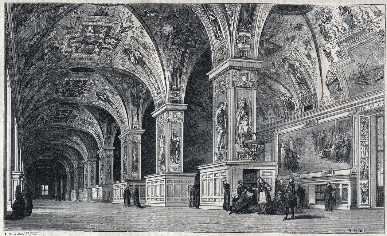 Innvendig utsikt over Vatikanets bibliotek på 1700-tallet. Gravering av Therond etter tegning av Francois Pannini. av Emile Theodore Therond