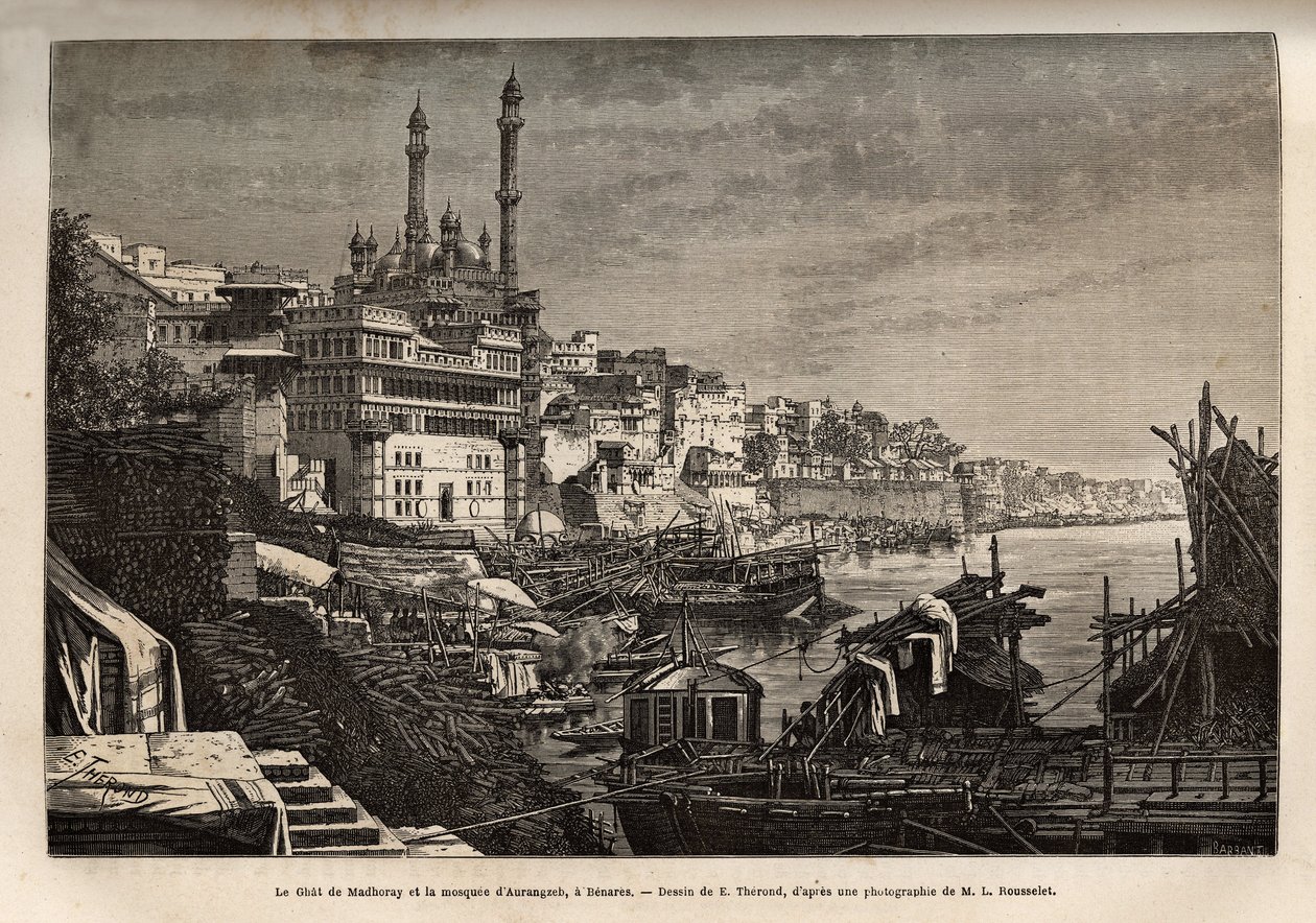 Madhorays ghat (trinn som dekker bredden av en elv som lar deg gå ned i kontakt med vann) og Aurangzeb-moskeen i Benares, gravert etter tegningen av E. Therond, som illustrerer reisen til India av Rajahs, i 1864-1868 , av Louis Ro av Emile Theodore Therond