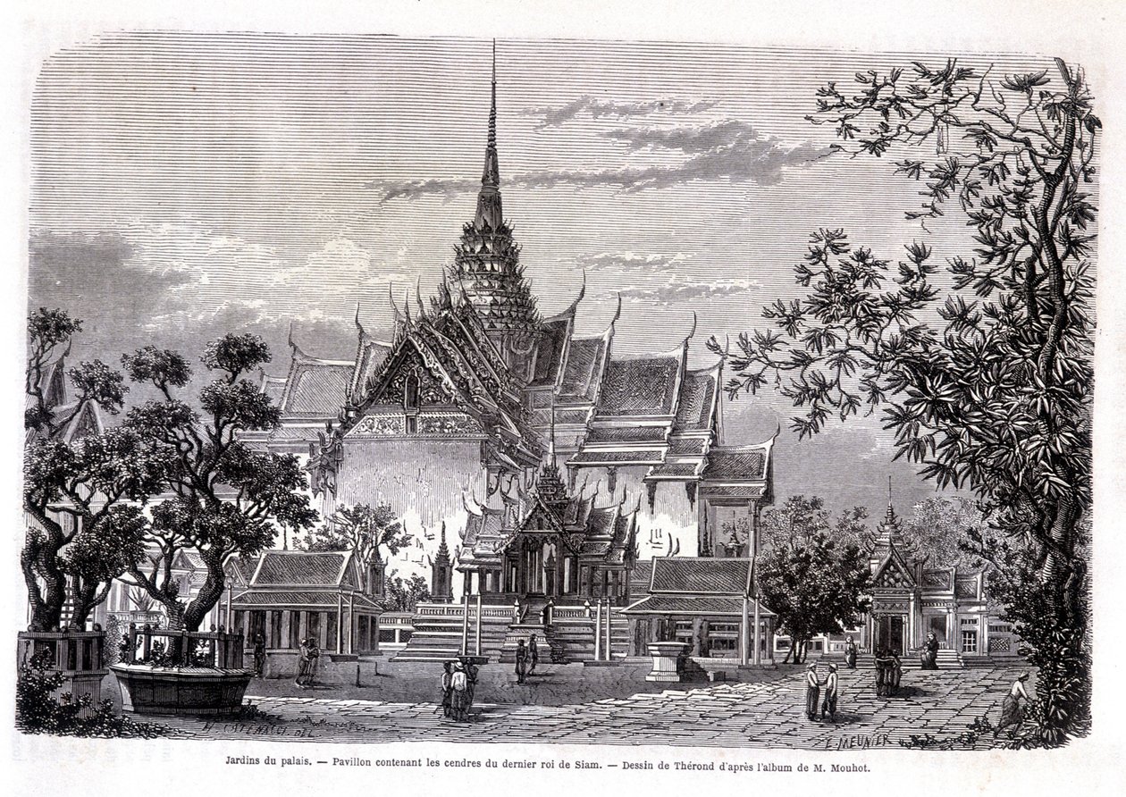 Slottshage. Paviljong som inneholder asken til den siste kongen av Siam. Tegning av Thérond fra M. Mouhots album. “Tour du monde” av Emile Theodore Therond