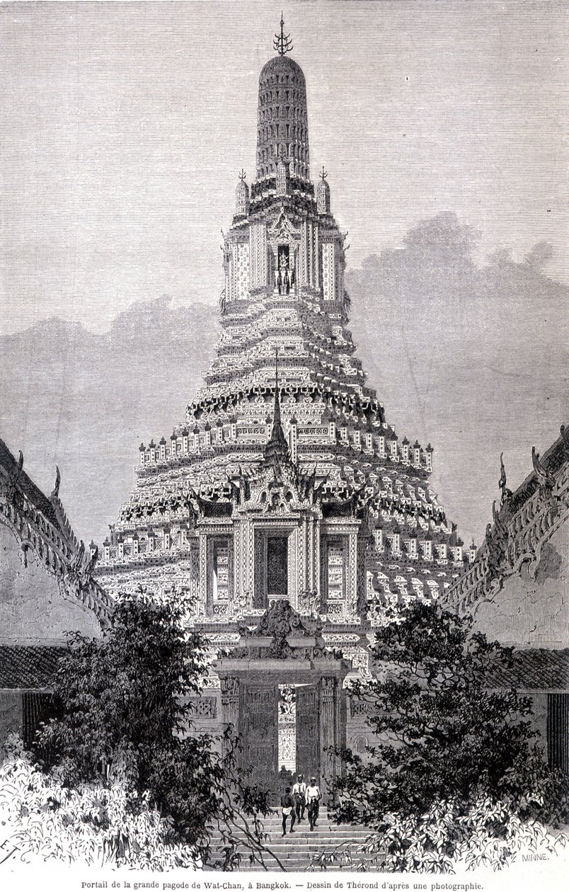 Portalen til den store Wat-Chan-pagoden, Bangkok. Tegning av Thérond. av Emile Theodore Therond