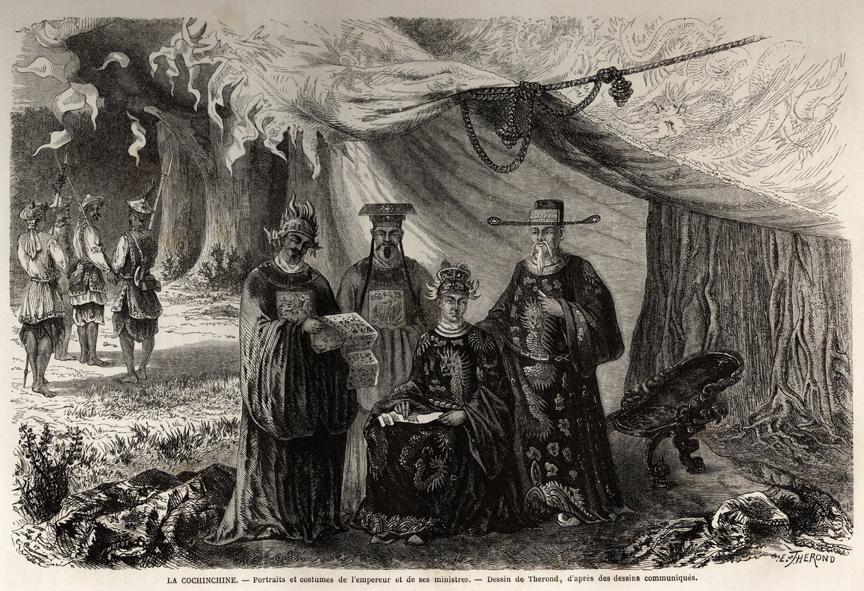 Portretter og kostymer av keiseren av Annam og hans ministre, Cochinchine, tegning av Therond, for å illustrere en unik korrespondanse med Cochinchine i 1859. Gravering i "" Le tour du monde, nouveau journal des voyages"" Paris av Emile Theodore Therond