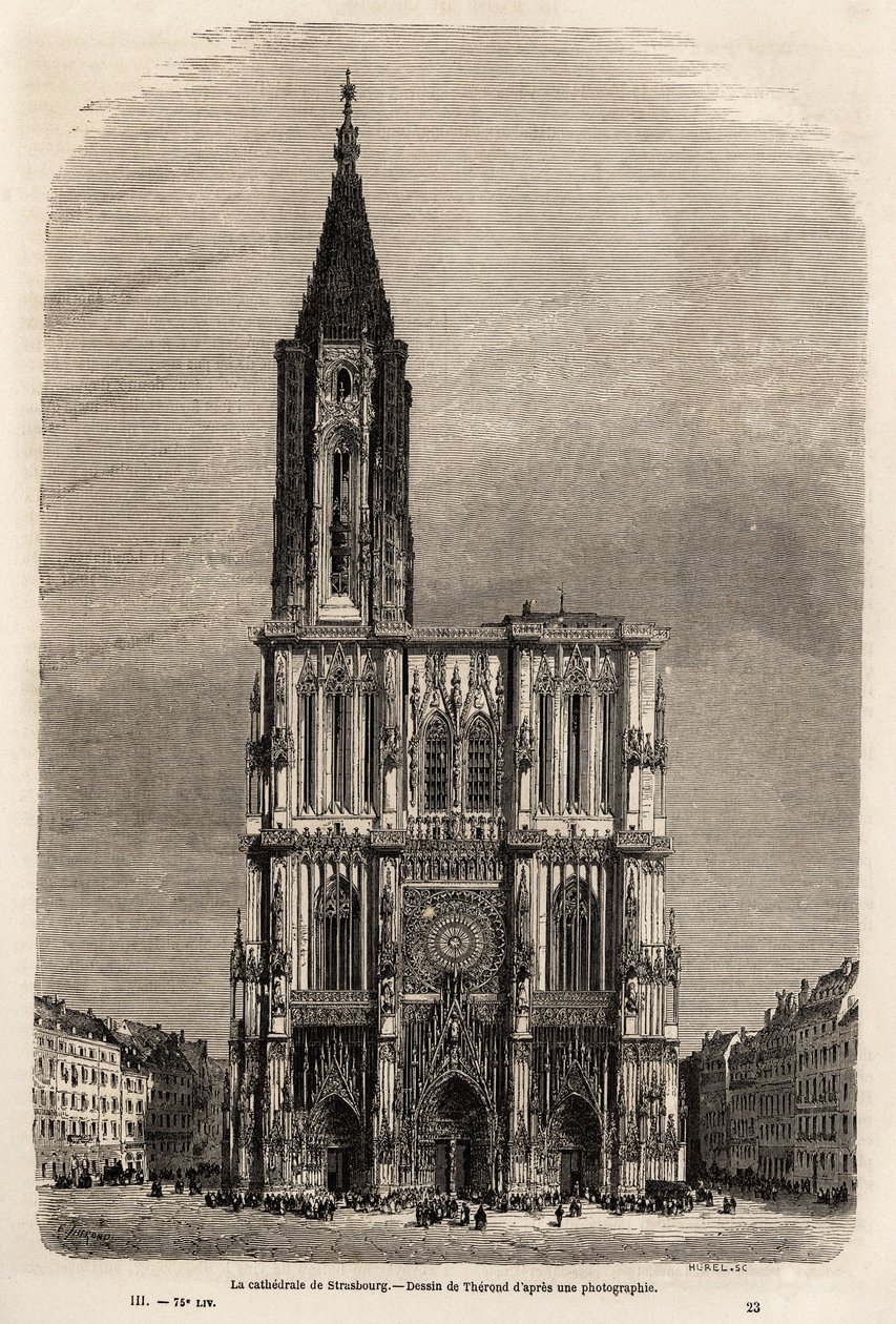 Fasaden til katedralen i Strasbourg, tegning av Therond, for å illustrere Victor Duruys reise fra Paris til Bucuresti i 1860. Gravering i “” Le tour du monde”” 1861. Selvas samling. av Emile Theodore Therond