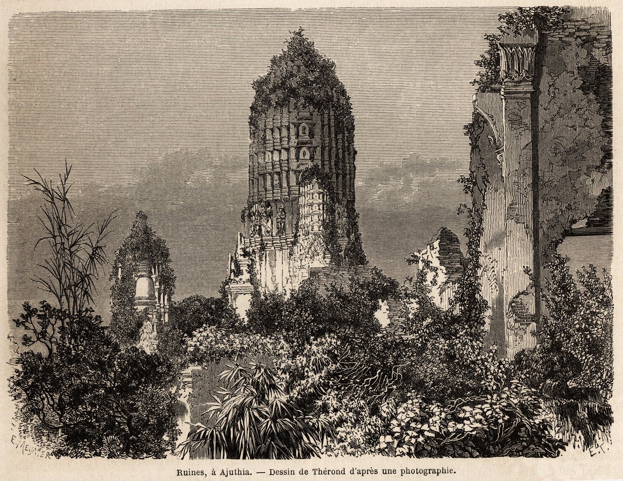 Ruinene tatt i vegetasjonen i jungelen, i Ajuthia (Thailand), tegnet av Therond, for å illustrere reisen gjennom kongedømmene Siam, Kambodsja og Laos, fra 1858 til 1861, av Henri Mouhot. Gravering i "" Le tour du monde"", redigert av Edouard av Emile Theodore Therond