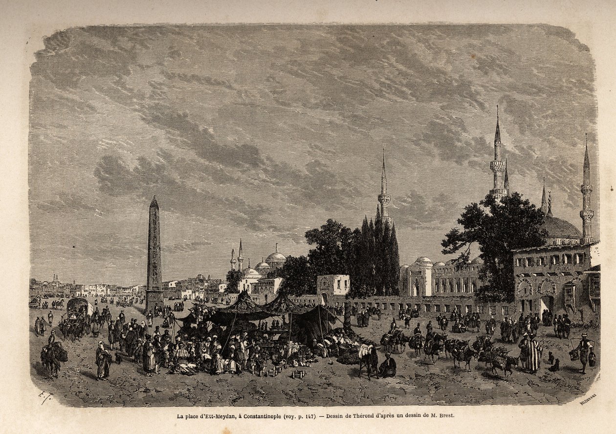Plassen i Ett Meydan, Konstantinopel (dagens Istamboul, Tyrkia), tegning av Therond, for å illustrere studien om tyrkiske kvinner, fra 1862, av F.Jerusalemy. Gravering i "" Le tour du monde"", redigert av Edouard Charton av Emile Theodore Therond