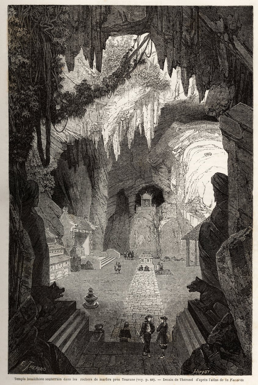 Underjordisk buddhisttempel i marmorbergarter nær Tourane, tegning av Therond, for å illustrere notatene til en unik korrespondanse med Cochinchine. Gravering i "" Le tour du monde, nouveau journal des voyages"" Paris av Emile Theodore Therond