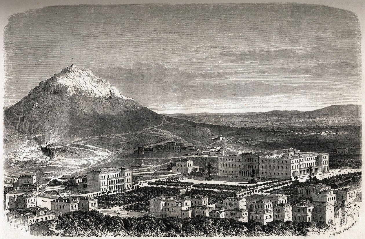 Utsikt over Athenes Hellas, tegning av Therond, for å illustrere historien om M.A.Proust, en vinter i Athene av Emile Theodore Therond