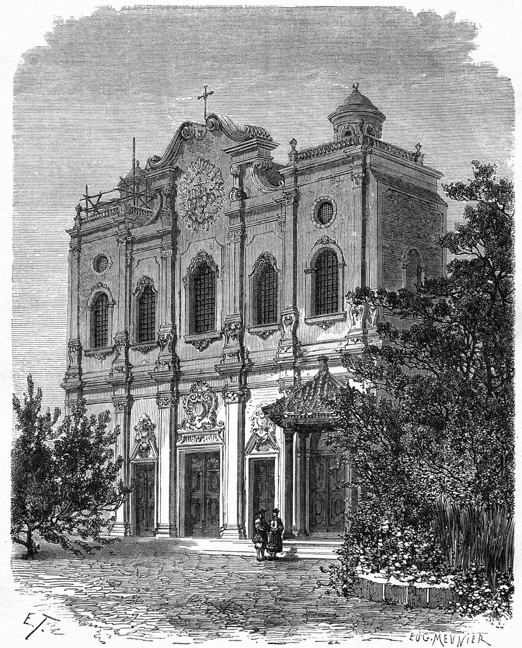 Utsikt over fasaden til katedralen i Nantang, bygget på stedet for huset til Matteo Ricci (1552-1610), katolisismens far i Kina. Gravering etter en tegning av Therond, i "" Le Tour du Monde, Nouveau journal des Voyages", redigert av Edouard Chart av Emile Theodore Therond