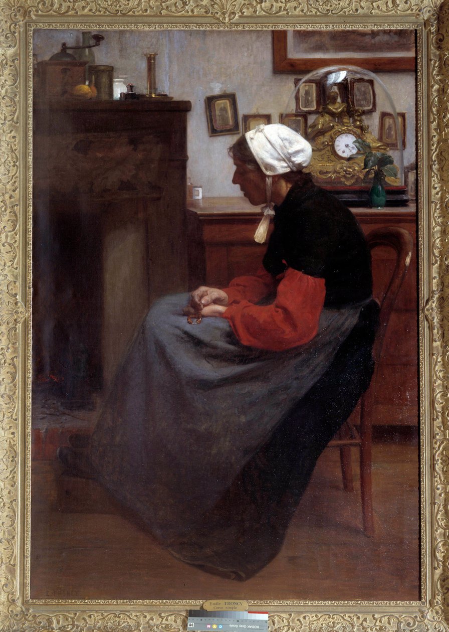 Enkelt hjerte En gammel bonde sover på en stol i et rustikk interiør. Maleri av Emile Troncy (1859-1943). Paris, Palais du Luxembourg DR av Emile Troncy