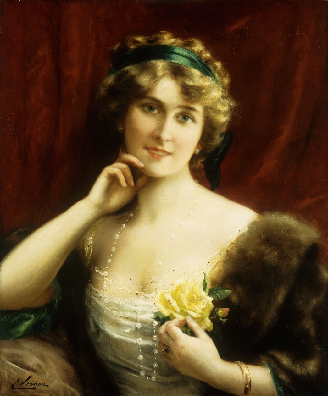 En elegant dame med en gul rose av Emile Vernon
