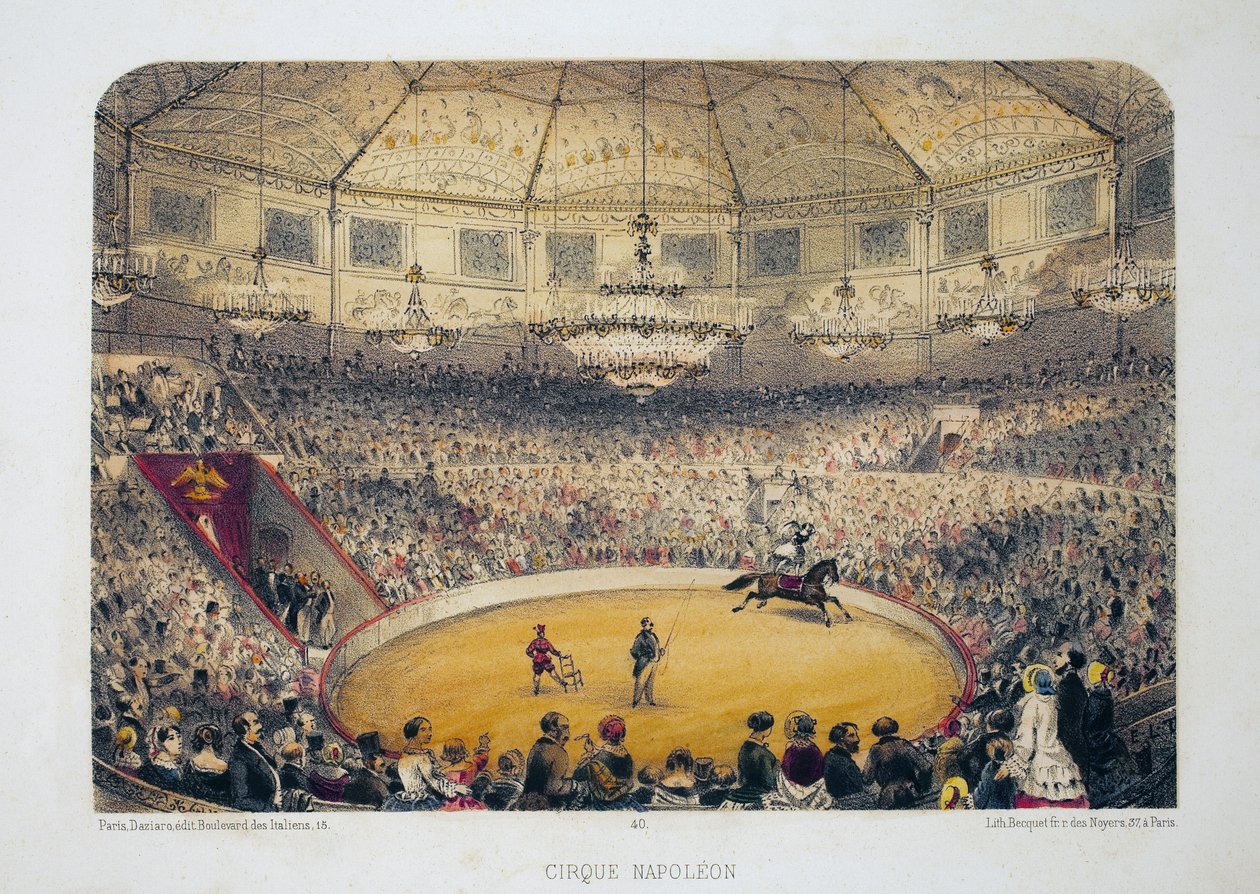 Cirque Napoleon (nåværende vintersirkus, rue Amelot, Paris). Litografi akvarell, illustrasjon av E.de la Tramblaiz, i "Album, souvenirs de Paris"", Daziaro-redaktør, Paris av Emile de la Tramblais