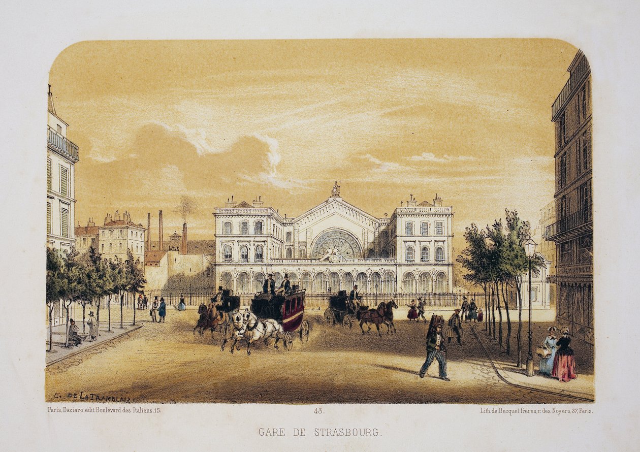 Strasbourg stasjon (nå Gare de l'Est, Paris). Litografi akvarell, illustrasjon av E.de la Tramblaiz, i "Album, souvenirs de Paris"", Daziaro-redaktør, Paris av Emile de la Tramblais