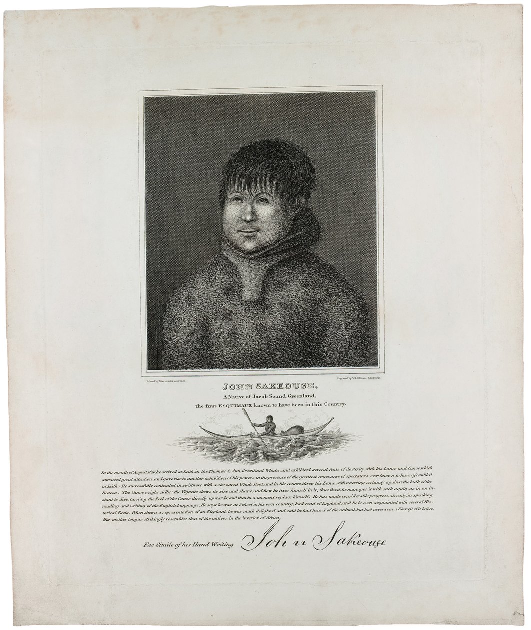 John Sakeouse, innfødt fra Jacob Sound, Grønland, den første Esquimaux kjent for å ha vært i dette landet, 1816 av Emilia Anderson