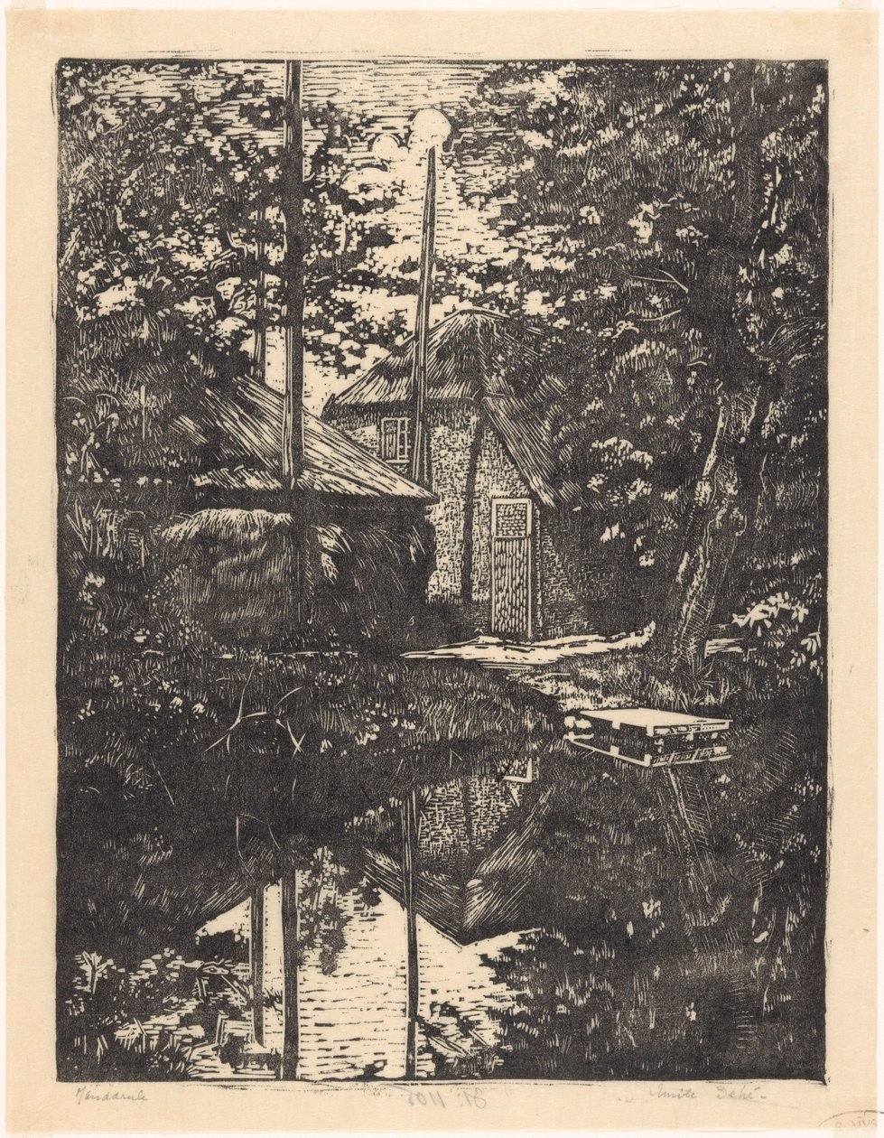 Gård og høyfjøs på vannet av Emilius Wilhelmus Dehé (signed by artist)