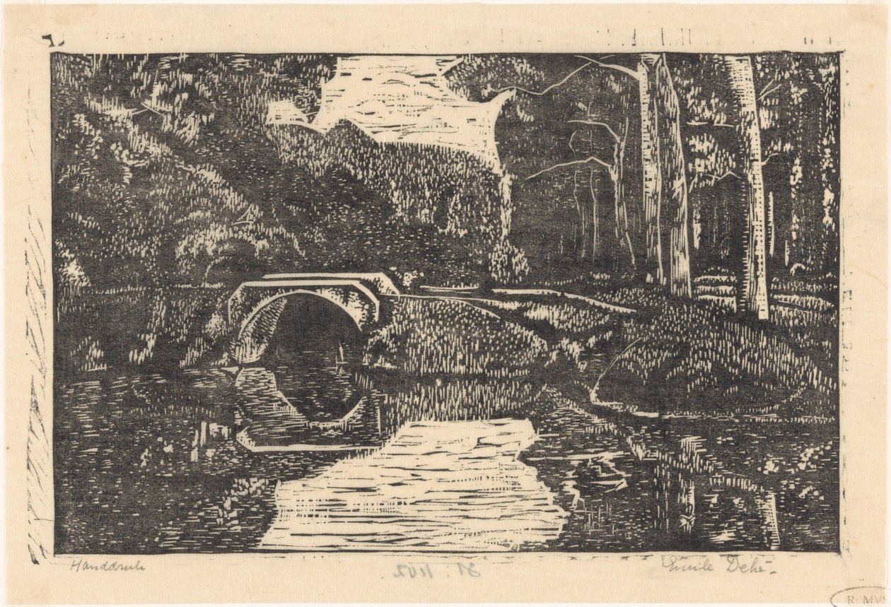 Bro over en kanal i en skog av Emilius Wilhelmus Dehé (signed by artist)
