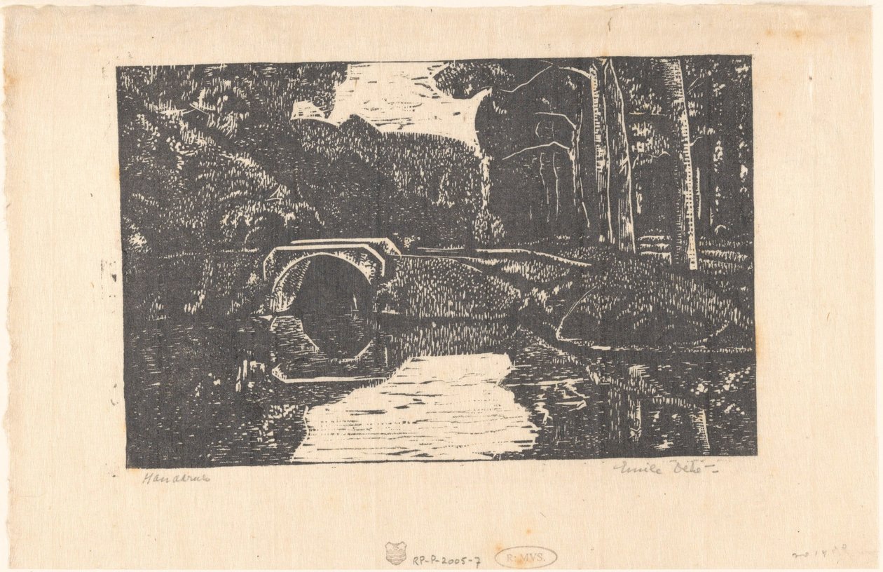 Bro over en kanal i en skog av Emilius Wilhelmus Dehé (signed by artist)
