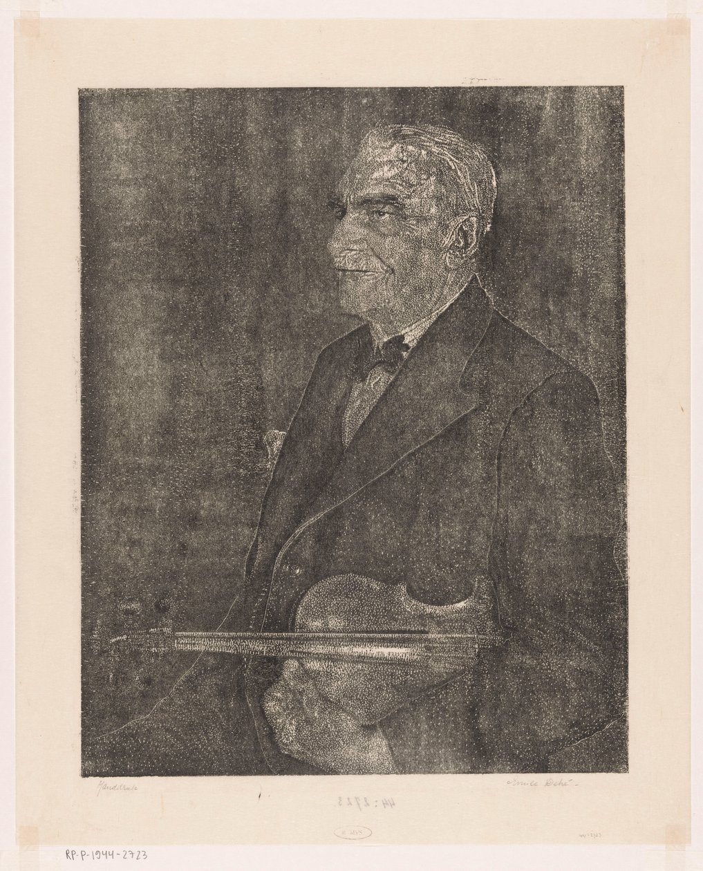 Portrett av kunstnerens far med fiolin av Emilius Wilhelmus Dehé (signed by artist)