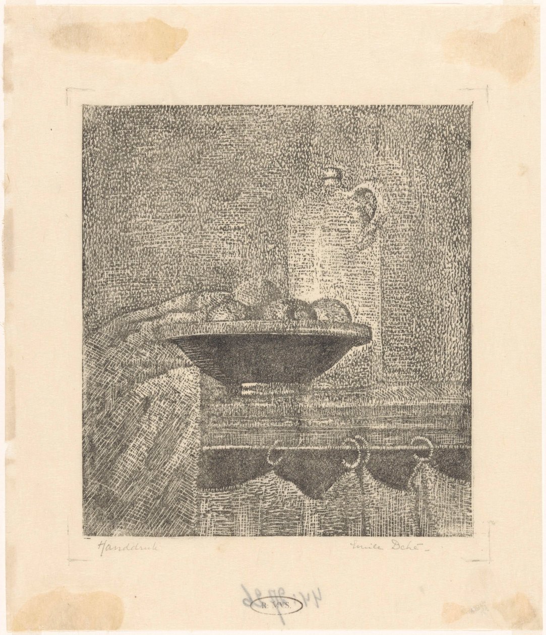 Stilleben med kanne og fruktskål av Emilius Wilhelmus Dehé (signed by artist)