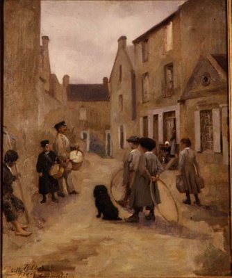 Barn som leker med bøyler i en gate, Arromanches av Emily  Childers