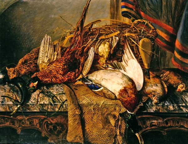 Stilleben med fasaner på et marmorbord, ca. 1850 (olje på lerret) av Emily Stannard
